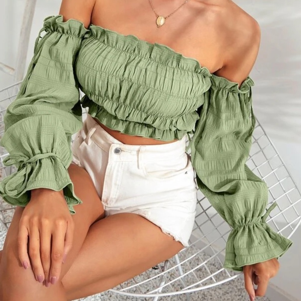 Green Off-Shoulder Smocked Top
